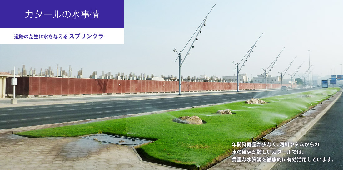 「カタールの水事情」道路の芝生に水を与えるスプリンクラーの画像。年間降雨量が少なく、河川やダムからの水の確保が難しいカタールでは、貴重な水資源を徹底的に有効利用しています。