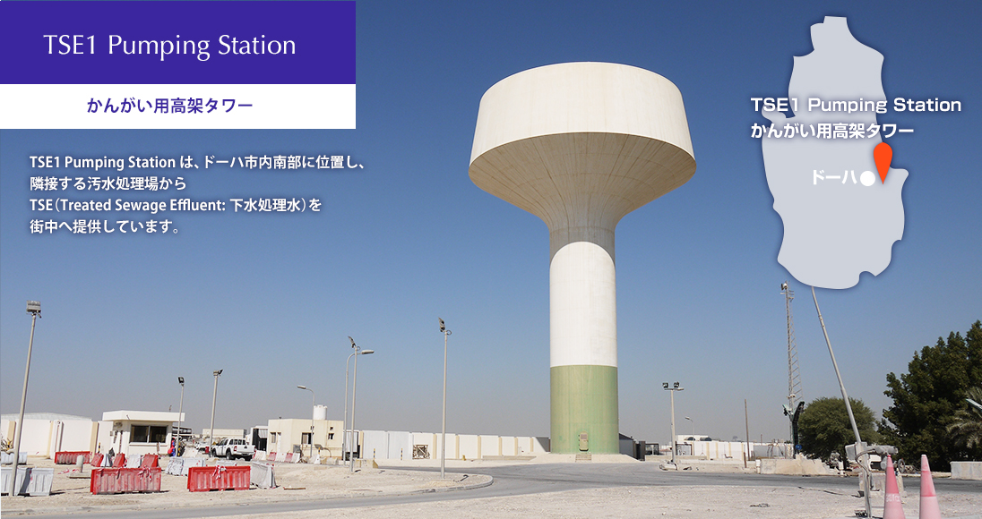 「TSE1 Pumping Station」かんがい用高架タワー。TSE1Pumping Stationは、ドーハ市内南部に位置し、隣接する汚水処理場からTSE（Treated Sewage Effluent:下水処理場）を街中へ提供しています。